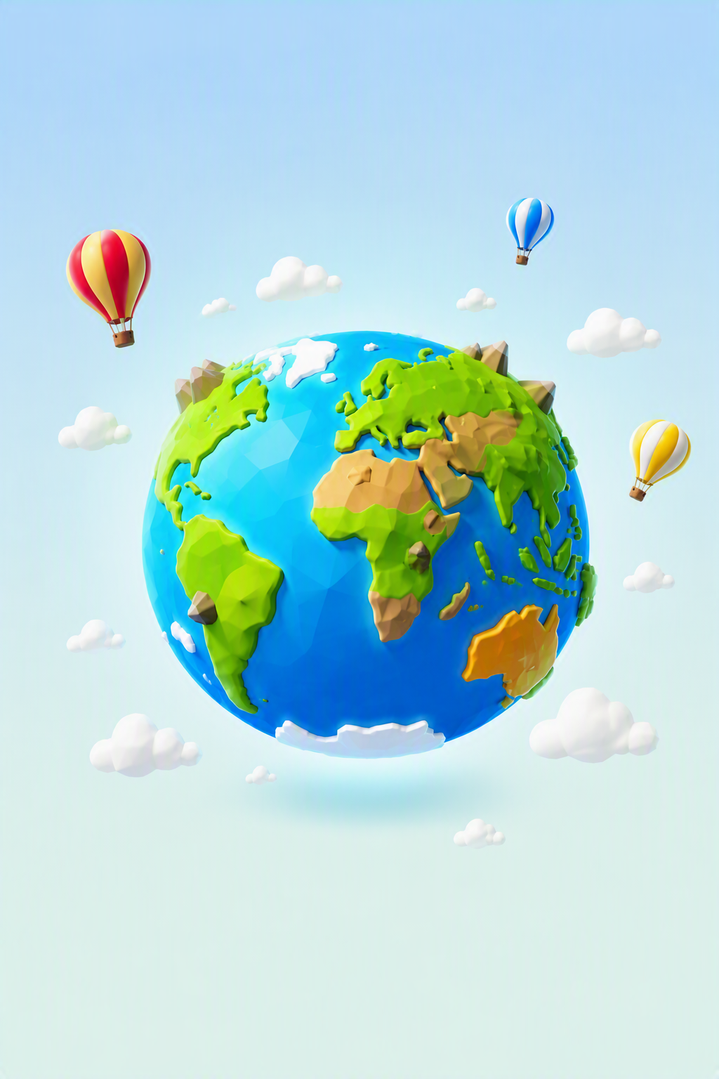Low-poly globe with hot-air balloons